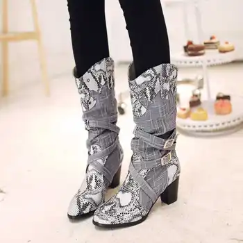 2016 New Fashion Womens Denim Med-Knee Boots Chunky Heels Spring Fall Shoes Woman Round Toe Cool Cowboy Motorcycle Boots