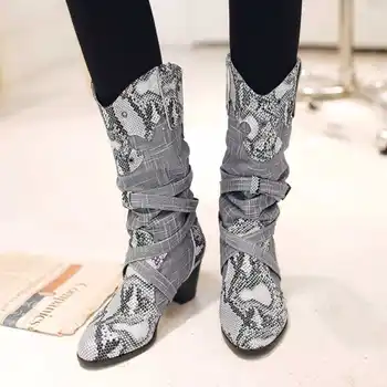 2016 New Fashion Womens Denim Med-Knee Boots Chunky Heels Spring Fall Shoes Woman Round Toe Cool Cowboy Motorcycle Boots