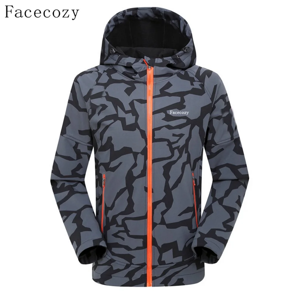 Facecozy Men's Autumn Outdoor Front Zipper Camping Softshell Jacket Breathable Hooded Thermal Fishing Coat