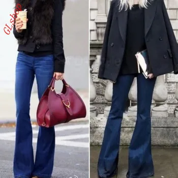 Spring New Fashion Girls Retro Hipped Women Wide Leg Long Flared Bell Bottom Jeans Denim Trousers Pants Size S M L
