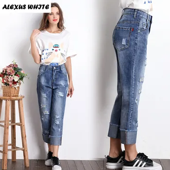 Boyfriend Ripped Jeans Women 2017 Summer Ankle-Length Straight Denim Pants for Woman Loose Hole Beggar Trousers Washed