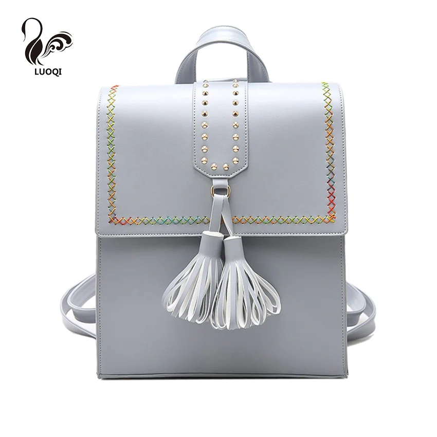 LUOQI PU Leather Backpacks Summer Rivet Colorful Stitching And Tassels Women Backpacks Designer Summer Street Style School Bags