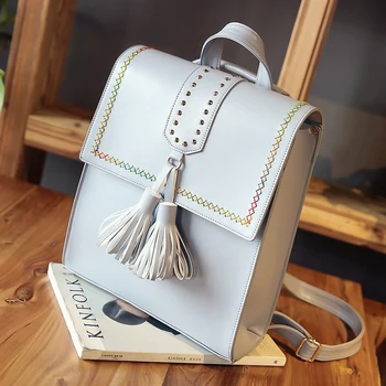 LUOQI PU Leather Backpacks Summer Rivet Colorful Stitching And Tassels Women Backpacks Designer Summer Street Style School Bags