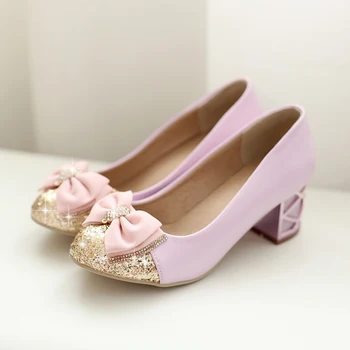 Plus size women purple high heel shoes round toe glitter pink shoes with bow thick heel office shoes women wedding shoes