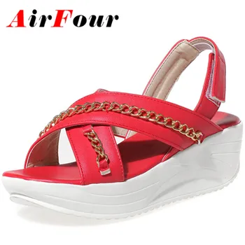 Airfour Summer Women 4 Colors Sandals Shoes High Platform Chains Hook Loop Sandals Flats Big Size Solid Causal Fashion Sandals