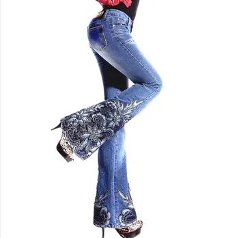 Spring Luxury Beading Embroidered Mid Waist Big Flared Jeans Female Boot Cut Embroidery Lace Bell Bottom Jeans Denim Trousers