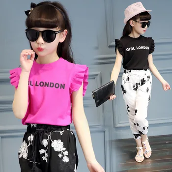 2017 Summer Style Baby Girls Clothing Sets Toddler Kid Clothes Sets Floral Print T-Shirt + Pants Casual Suits 5 6 7 8 9 10 13 14