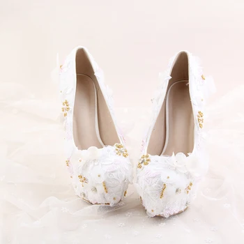 2017 Newest Arrived Elegant White Lace Shoes Gold Pearls Flower Decoration 1.57 Inches Platforms Bridal Wedding Stiletto Party