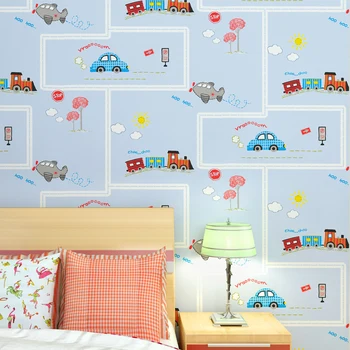 Children's Room Blue Stripe Car Wallpaper Non-woven Eco-Friendly Papel De Parede Boy's Bedroom Wall Home Decoration Wall Paper