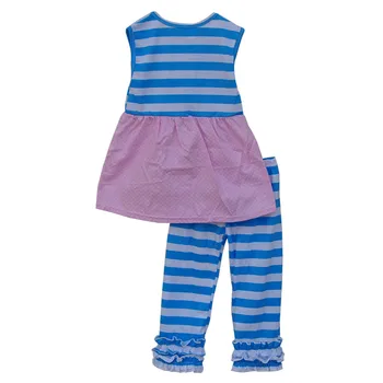 Candy Color Girls Clothes Lovely Blue Striped Pink Hem Patchwork Button Decor Ruffle Leggings Toddler Girl Clothing Set S059