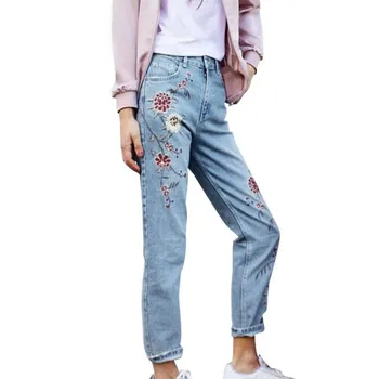 Women Spring Vintage Embroidery Light Blue Casual Pants Pockets Bottom Straight Jeans Chic