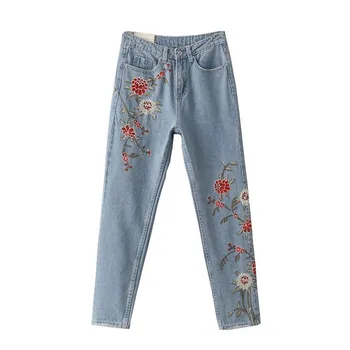 Women Spring Vintage Embroidery Light Blue Casual Pants Pockets Bottom Straight Jeans Chic