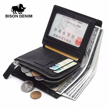 BISON DENIM Fashion genuine leather guarantee wallet black Wallet Short wallet for men soft Zipper coin pocket card holder N4442
