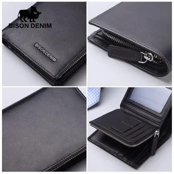BISON DENIM Fashion genuine leather guarantee wallet black Wallet Short wallet for men soft Zipper coin pocket card holder N4442