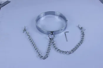 Dia 140mm,350g male Zinc alloy Neck Slave Collar nipple clamps clips chain stimulator metal Collar For men Sex Games couple