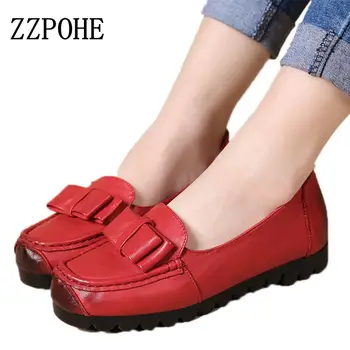 ZZPOHE New Ladies Leather Comfort Soft Bottom Women's Shoes Bowknot Fashion Moms Flat Shoes Woman Work Shoes size 35-40