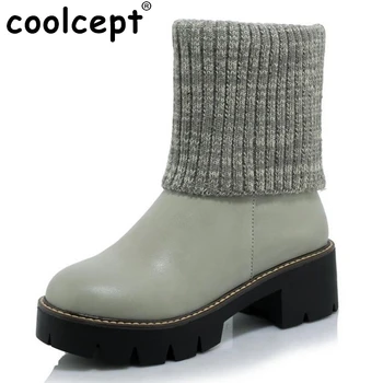 New Fashoin Women Mid Calf Boots Mixed Hand Knit Wool Round Toe Square Heel Woman Shoes Spring Autumn Botas Mujer Size 34-43
