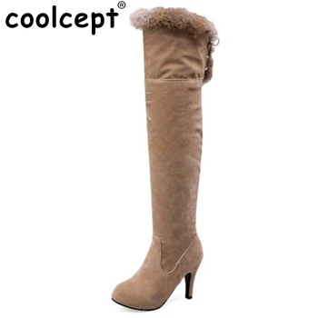 Woman High Heel Over Knee High Boots Woman Fashion Round Toe High Heels Shoes Brand Suede Leather Botas Woman Size 34-43