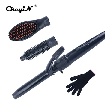 CkeyiN 3In1 Corrugated Curling Hair Electric Fast Hair Straightener Brush Comb Crimper Fluffy Big Waves Hair Curler Roller+Glove