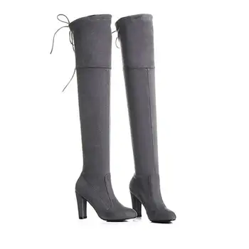 Womens Stretch Slim Suede Over the Knee Boots Thigh High Boots Sexy Fashion High Heel Boot Shoes Woman Black Grey Size 34-43