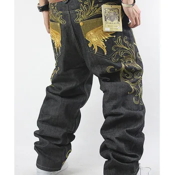 QSuper Brand Men Luxury Golden Embroidery Jeans Men Loose Wide Leg Jeans Swag Street Dance Hip Hop Jeans