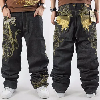 QSuper Brand Men Luxury Golden Embroidery Jeans Men Loose Wide Leg Jeans Swag Street Dance Hip Hop Jeans