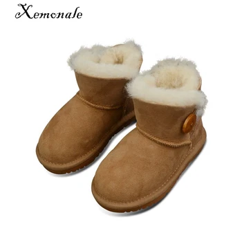 Xemnole Sheepskin winter children wool fur boots for baby girls real fur boots boys black snow boots kids real leather