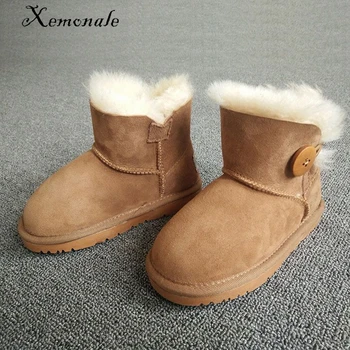 Xemnole Sheepskin winter children wool fur boots for baby girls real fur boots boys black snow boots kids real leather