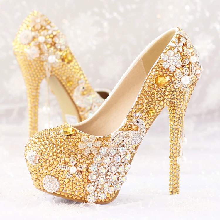 2016 new gold diamond flowers bridal shoes High with wedding photographs theatrical singles shoes Nightclubs Shoes