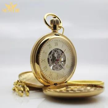 2017 SEWOR Top Brand Luxurious double open roman digital copper gold mechanical pocket watch C203
