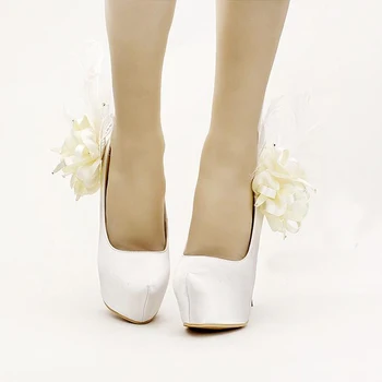 Sweet Floral Feather Bridal Shoes Fashion Stiletto Heels Platforms Party Shoes White Satin Wedding Dress Pumps Bridesmaid Shoes