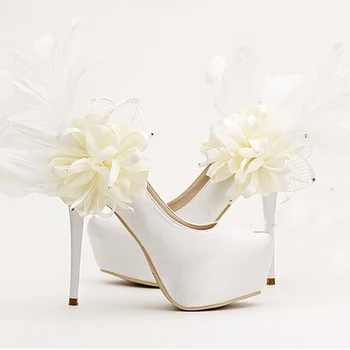 Sweet Floral Feather Bridal Shoes Fashion Stiletto Heels Platforms Party Shoes White Satin Wedding Dress Pumps Bridesmaid Shoes