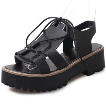 New retro Platform Women Sandals 2017 Summer Platform Cake Bottom fish Mouth shoes Leisure low Help Lace-Up female Shoes
