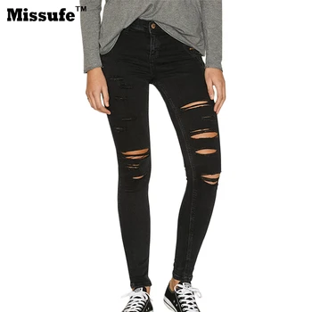 Missufe Black Mid Waist Holes Denim Capris Jeans 2017 Street Fashion Ripped Ankle Pencil Women Pants