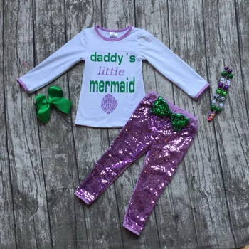 2016 baby shell purple green scales boutique pants daddy's little mermaid Fall clothes girls clothing with bow and necklace set