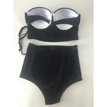Women Black swimsuit bikinis women 2017 high waist with pad Push-up swimwear Solid Color tankini Two piece Beachwear