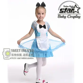 2 PCS Girl Japanese Cosplay Costume Alice Kids Maid Sailor Lolita Dress Striped Blue Girl Costume Children Clothes With Headwear