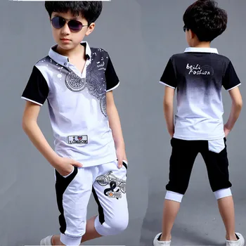 Boys Fashion Casual Sport Suit Clothing Set Motorcycle Print Short Sleeve Knitted Children's Set Boys Clothes 2017 Summer New