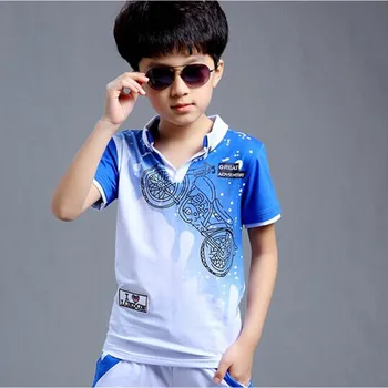 Boys Fashion Casual Sport Suit Clothing Set Motorcycle Print Short Sleeve Knitted Children's Set Boys Clothes 2017 Summer New