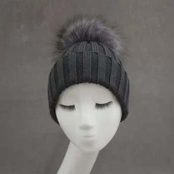 Brand New Warm Winter Collection Merino Wool Gorros Beanie Detachable Genuine Silver Fox Fur Pom Poms Knitted Hats for Men