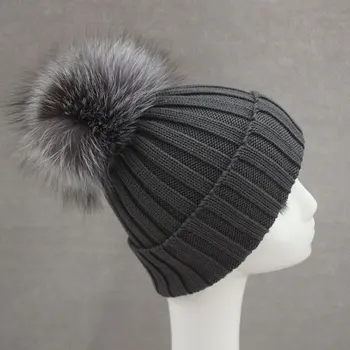 Brand New Warm Winter Collection Merino Wool Gorros Beanie Detachable Genuine Silver Fox Fur Pom Poms Knitted Hats for Men