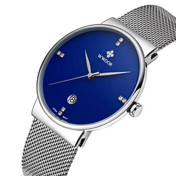 2016 Famous Brand WWOOR Watches Men Stainless Steel Mesh Band Fashion Analog Quartz Watch Ultra Thin Blue Dial Clock Male 8018