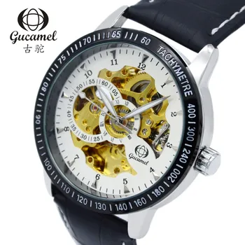 Gucamel Luxury Men Number Display mechanical Black Dial Leather Strap Male Casual Watch
