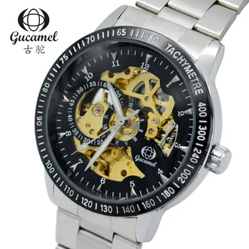 Gucamel Luxury Men Number Display mechanical Black Dial Leather Strap Male Casual Watch