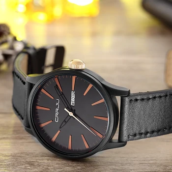 Famous Brand CRRJU Men Watch Leather Strap Calendar Wristwatch 30M waterproof Casual Sport Quartz Watch relogio masculino Clock