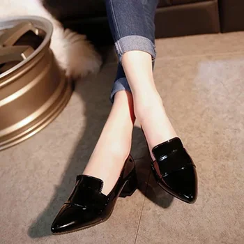 2016 spring new documentary shoes coarse black high-heeled shoes Asakuchi pointed shoes with commuter occupation