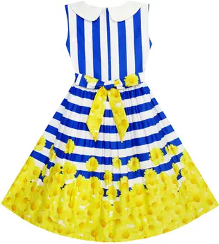 Sunny Fashion Girls Dress Navy Blue Striped Collar School Uniform Cotton 2017 Summer Princess Wedding Party Dresses Size 7-14