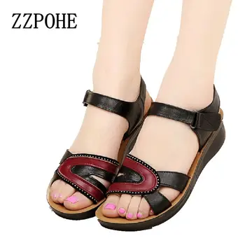 2017 summer leather sandals in the elderly mother comfortable fish head slope with non-slip soft bottom flat with women shoes