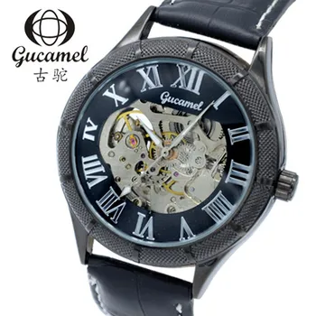 Gucamel 2016 Hot Selling Luxury Men Watch Automatic Skeleton Clock Mechanical Watch Leather Strap Wristwatch RelojesHombre