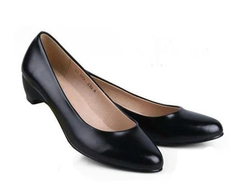 Women's shoes low heels black genuine leather work shoes shallow mouth comfortable shoes